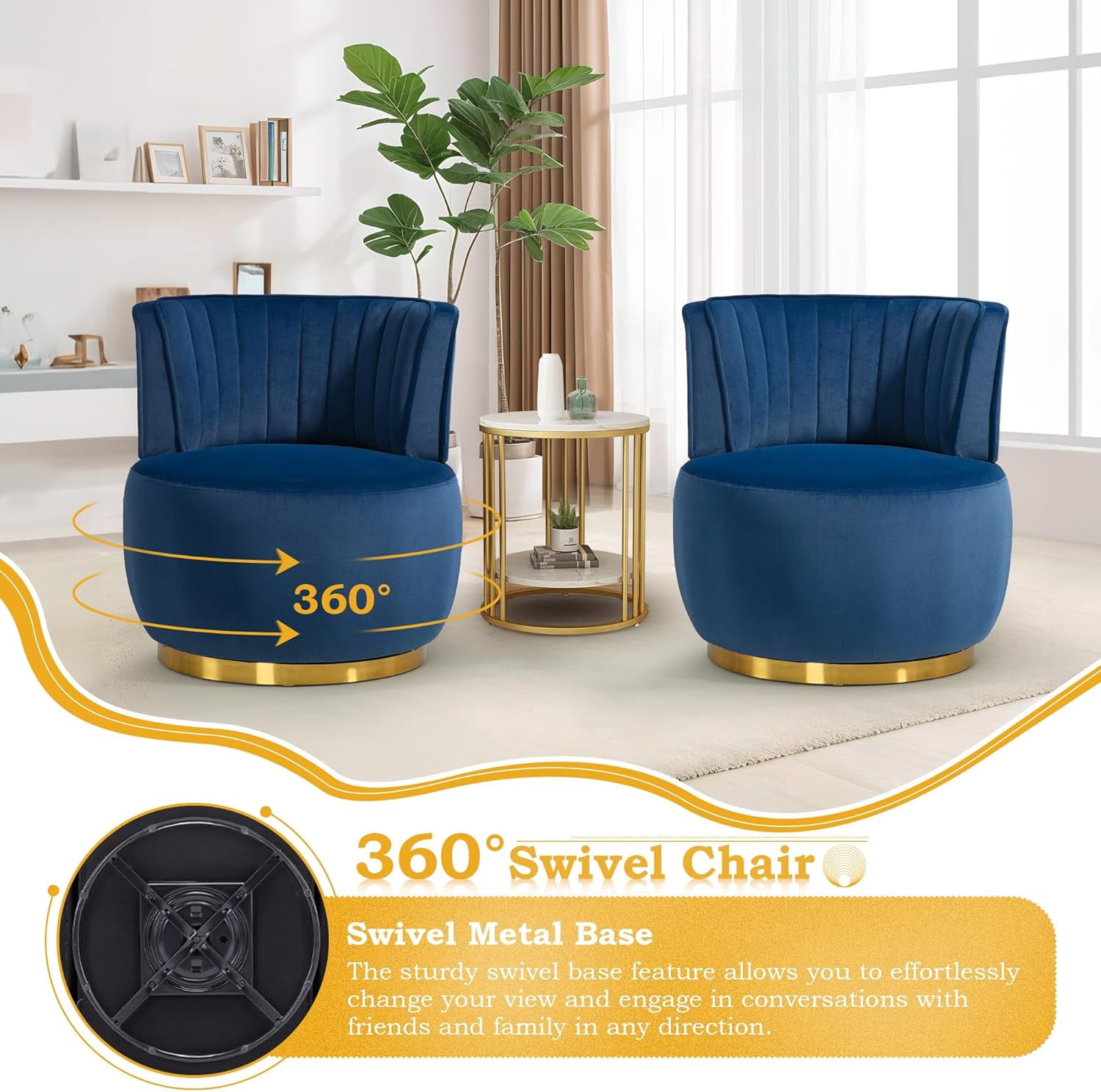 Aukfa 360-Degree Swivel Barrel Chair, Modern Velvet Round Accent Chair for Nursery and Living Room, Blue