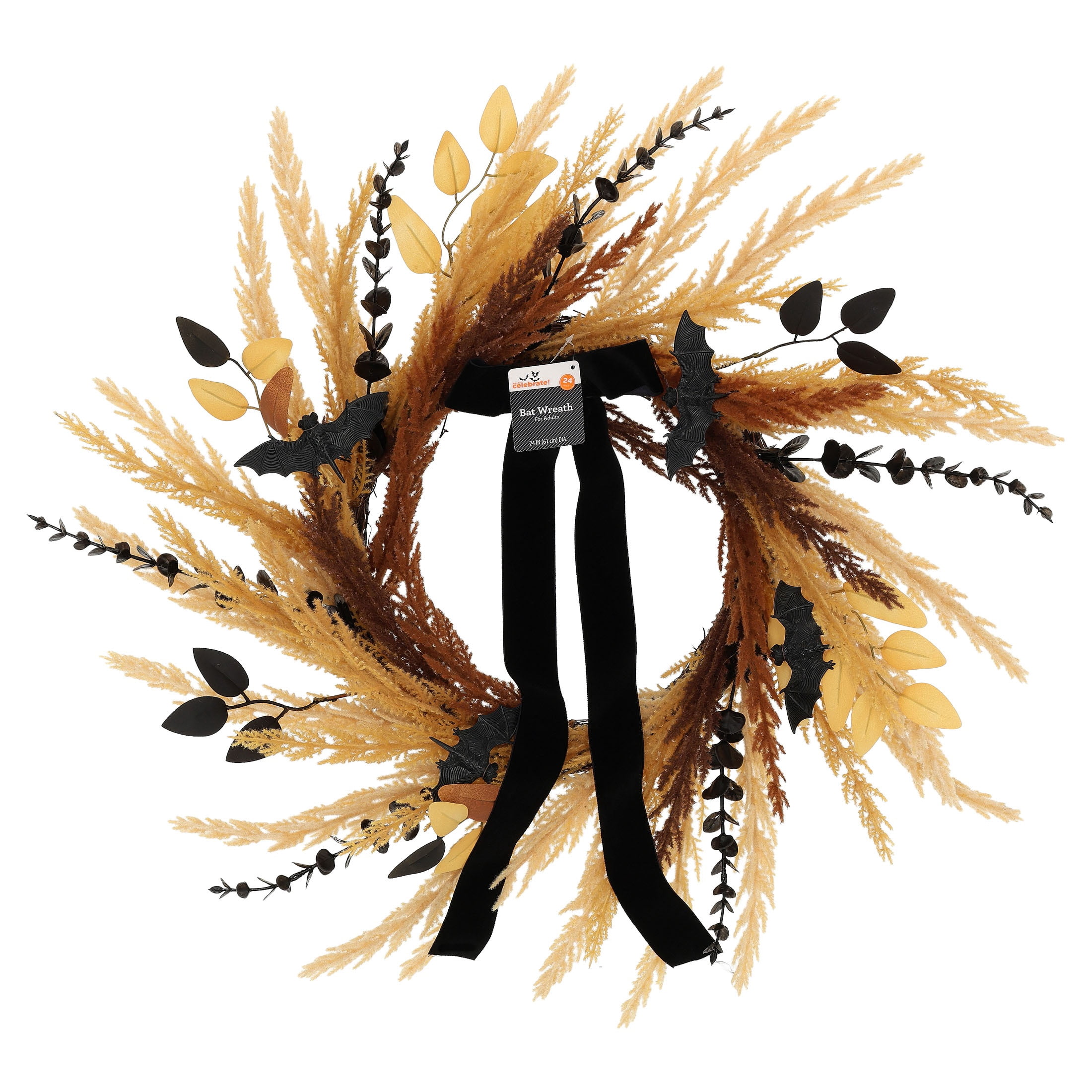 Wheat with Bats Wreath, Yellow and Black, 24", Halloween by Way To Celebrate