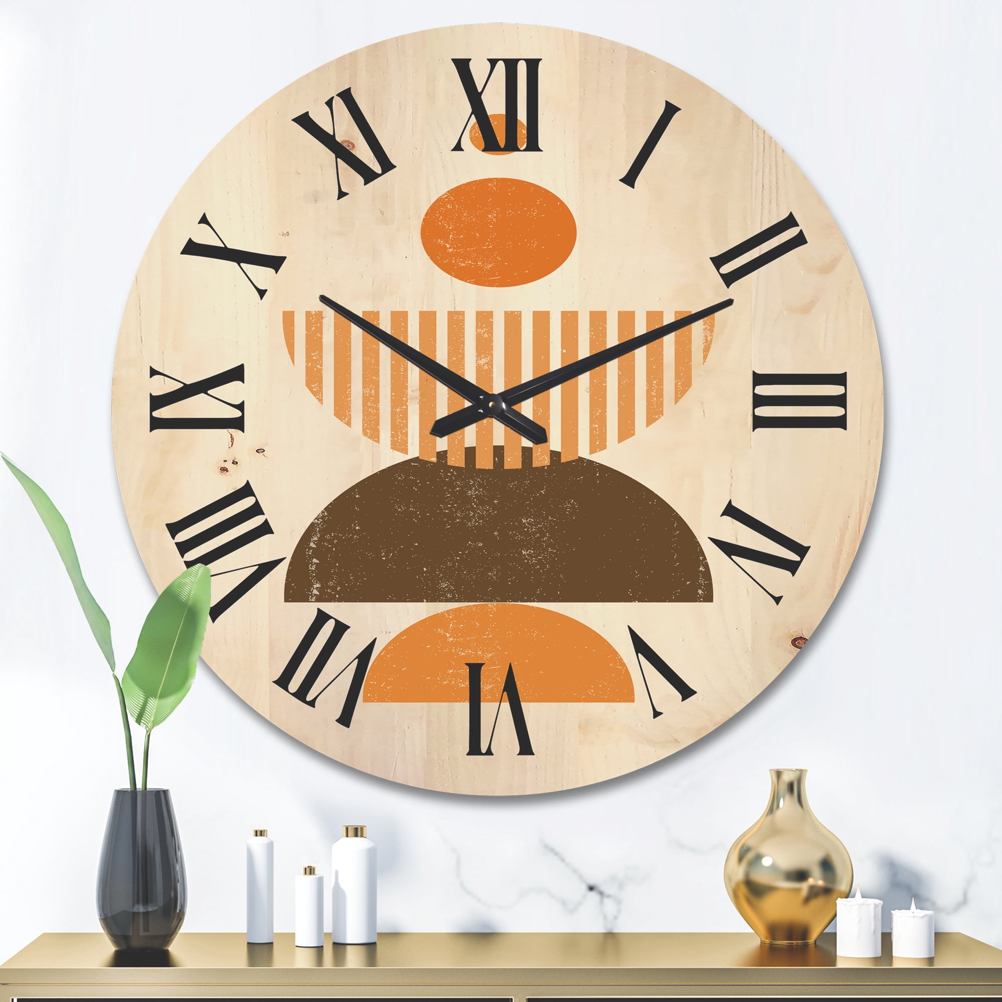 Designart 'Abstract Minimal Moon and Sun In Earth Tones I' Modern Wood Wall Clock