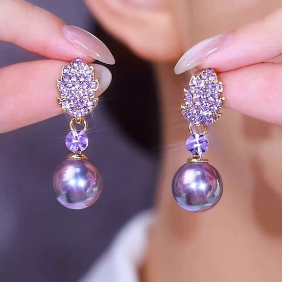 Leaf Earrings for Women Purple Pearl Drop Earrings Niche Ear Clips Elegant Ins Style Trendy Earrings Jewelry with Rhinestone Elements