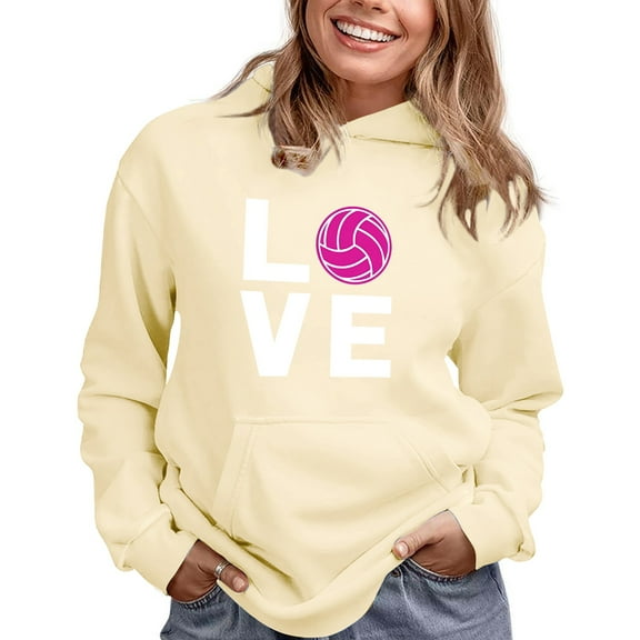 Baqcunre Valentine's Day Shirts for Women LOVE Volleyball Hoodie with Pockets for Teen Girls Female Fans Sweatshirt (Beige S-XXL), Long Sleeve Shirts for Women Graphic Tees Womens Fashion Womens Tops