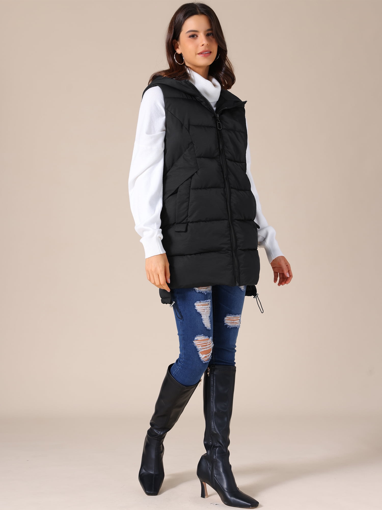 DARING DIVA Women's Hooded Sleeveless Long Parka Thicken Down Jacket XL Black