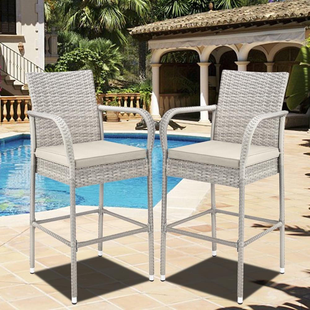 URHOMEPRO Outdoor Patio Bar Stools with Cushions, All-Weather Wicker