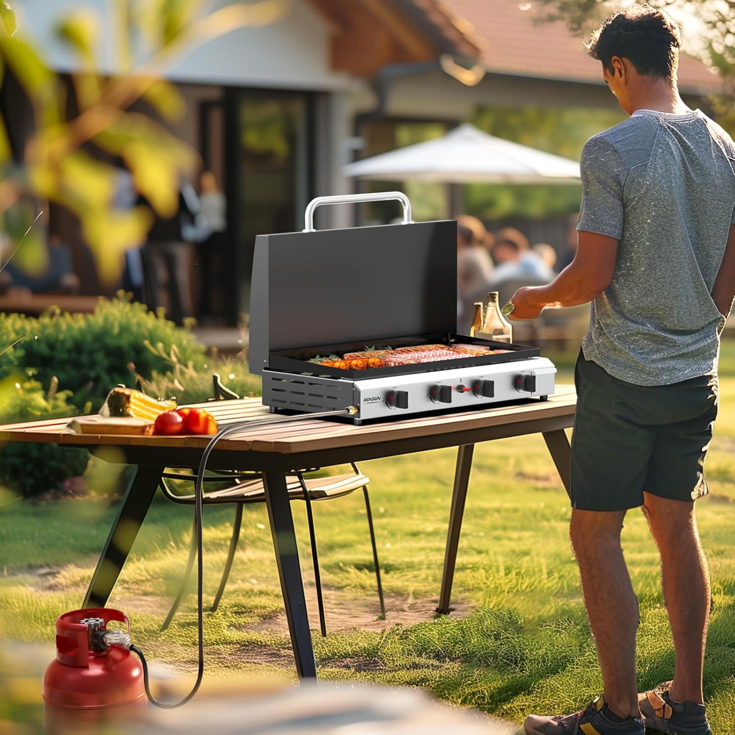TUFFIOM 4 Burner Portable Propane Griddle with Enameled Tray & Lid, 40000 BTU Rolling Flat Top Gas Grill with Electronic Ignition & Regulator for Outdoor Cooking Camping BBQ Tailgating