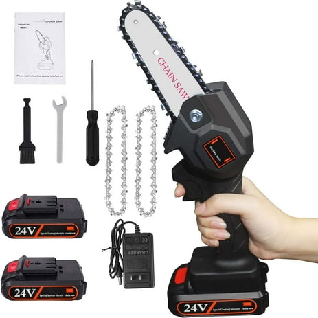 Mini Chainsaw 4-Inch Cordless Electric Portable Chainsaw with Brushless Motor, One-Hand Lightweight, Pruning Shears Chainsaw for Tree Branch Wood Cutting (Chainsaw+ 2 Batteries+ 2 Chains)