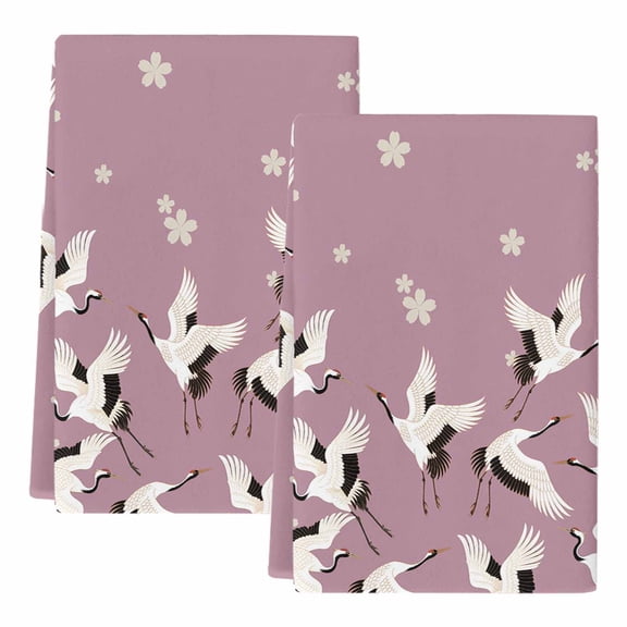 Dish Towels, Cherry Blossom Crane Absorbent Kitchen Towels 2 PCS, Japanese Style Pink Microfiber Hand Towels Dish Cloths Tea Towels for Home Bathroom Cleaning Drying,18X28-Inch,