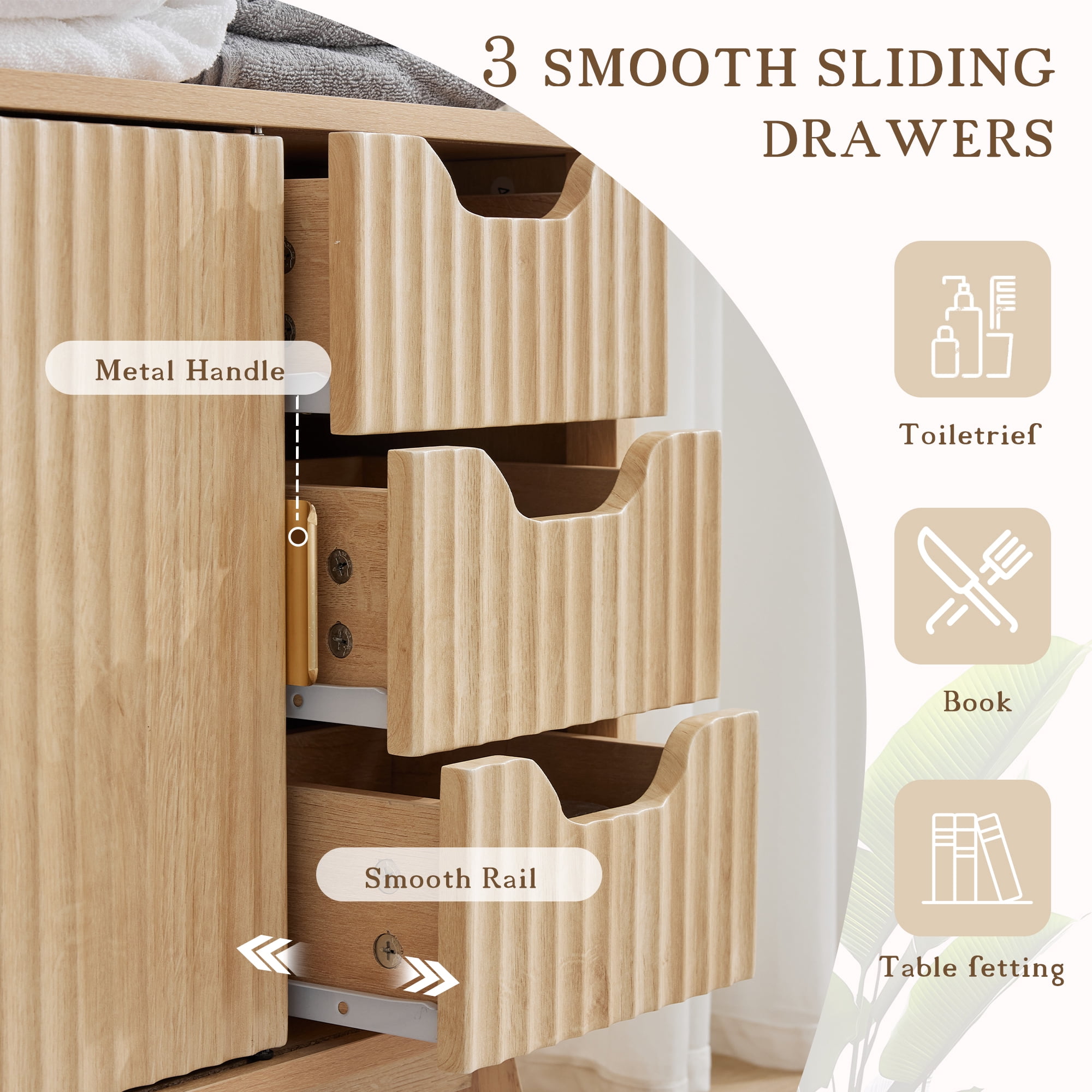Magic Union Bathroom Storage Cabinet with Fluted Sliding Door, 3 Drawers Bathroom Floor Cabinet, Freestanding Storage Organizer w/Adjustable Shelf, Faux Marble Top, Curved Profile Design Natural Oak