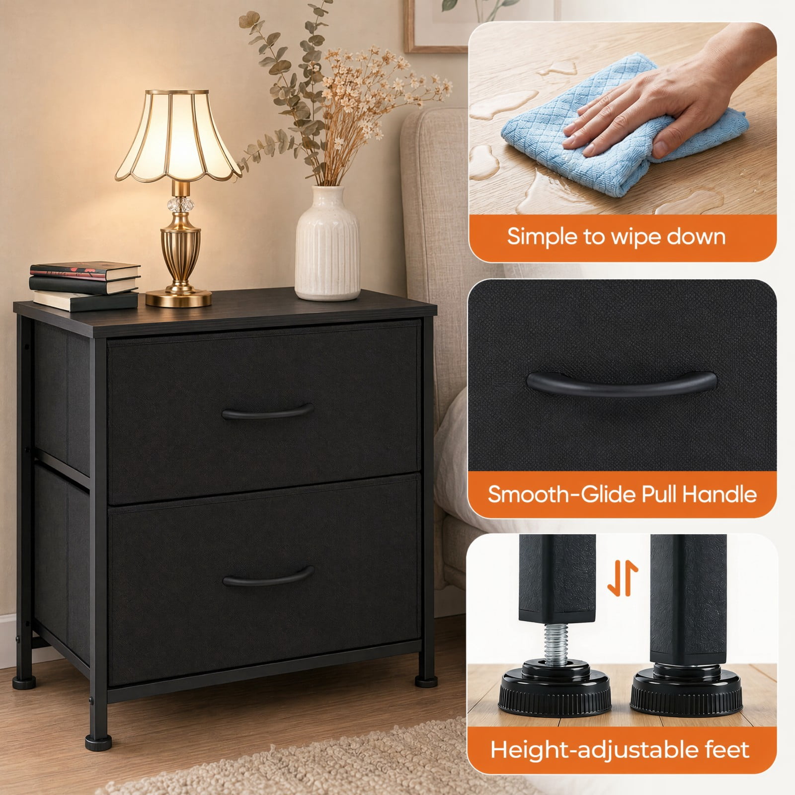 Telyra Fabric Nightstand with 2 Drawers 20" Bedside Table with Wood Top and Steel Frame Small Storage Organizer, Black