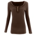 thumbnail image 5 of Long Sleeve Women Henley T Shirts Button Down Slim Fit Tops Scoop Neck Ribbed Knit Shirts Fashion Coffee L, 5 of 7
