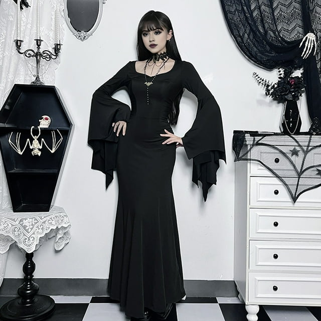 Women Halloween Dress Fish Tail Hem Slim Fit Irregular Ruffle Cuff Bat Sleeves Gothic Round Neck Solid Color Cosplay Performance Maxi Dress