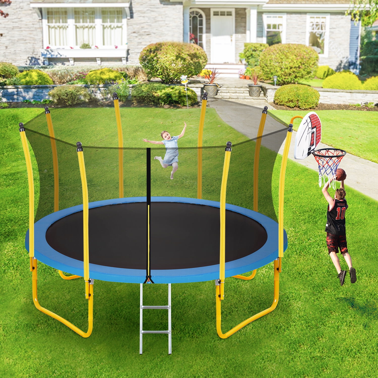 Kadyn Indoor Outdoor Mini Trampoline, 12FT Jumping Trampoline with Safety Enclosure Net, Metal Children Trampoline with Basketball Hoop and Ladder, Yellow Kadyn Indoor Outdoor Mini Trampoline, 12FT Jumping Trampoline with Safety Enclosure Net, Metal Children Trampoline with Basketball Hoop and Ladder, Yellow