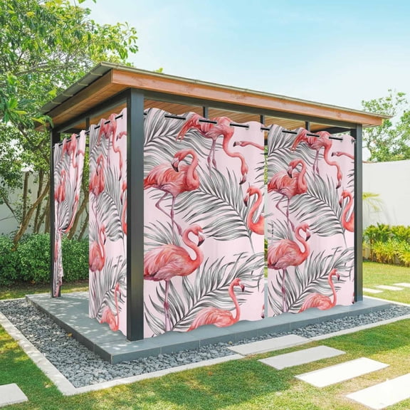 Pink Flamingos Outdoor Curtains for Patio, Summer Tropical Palm Leaf Pink Sunshade Privacy Drapes Grommet Waterproof Outside Curtains for Porch/Cabana/Balcony 54"x 108", 1 Panel