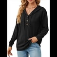 thumbnail image 3 of Sudadera con Capucha para Mujer, de Punto, de Larga, con Cordón Ajustable, Botones, Cuello en V, Informal, Tipo Jersey, con Capucha Negro L, 3 of 9