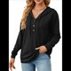 thumbnail image 3 of Sudadera con Capucha para Mujer, de Punto, de Larga, con Cordón Ajustable, Botones, Cuello en V, Informal, Tipo Jersey, con Capucha Negro XL, 3 of 9