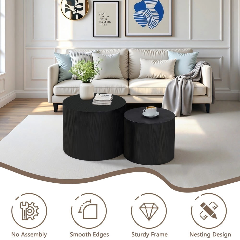 Nesting Coffee Table Set of 2, Modern Round Wood Side Tables with Non-Slip Feet, Small End Tables for Living Room, Bedroom, Office, Balcony, Small Spaces, Matte Black