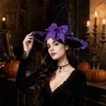 thumbnail image 3 of Womens Witch Hat with Organza Trim and Ribbon Tails, Wide Brim Pointed Cone Costume Hat, Wizard Headwear for Halloween Party Dress Up Cosplay Purple, 3 of 5
