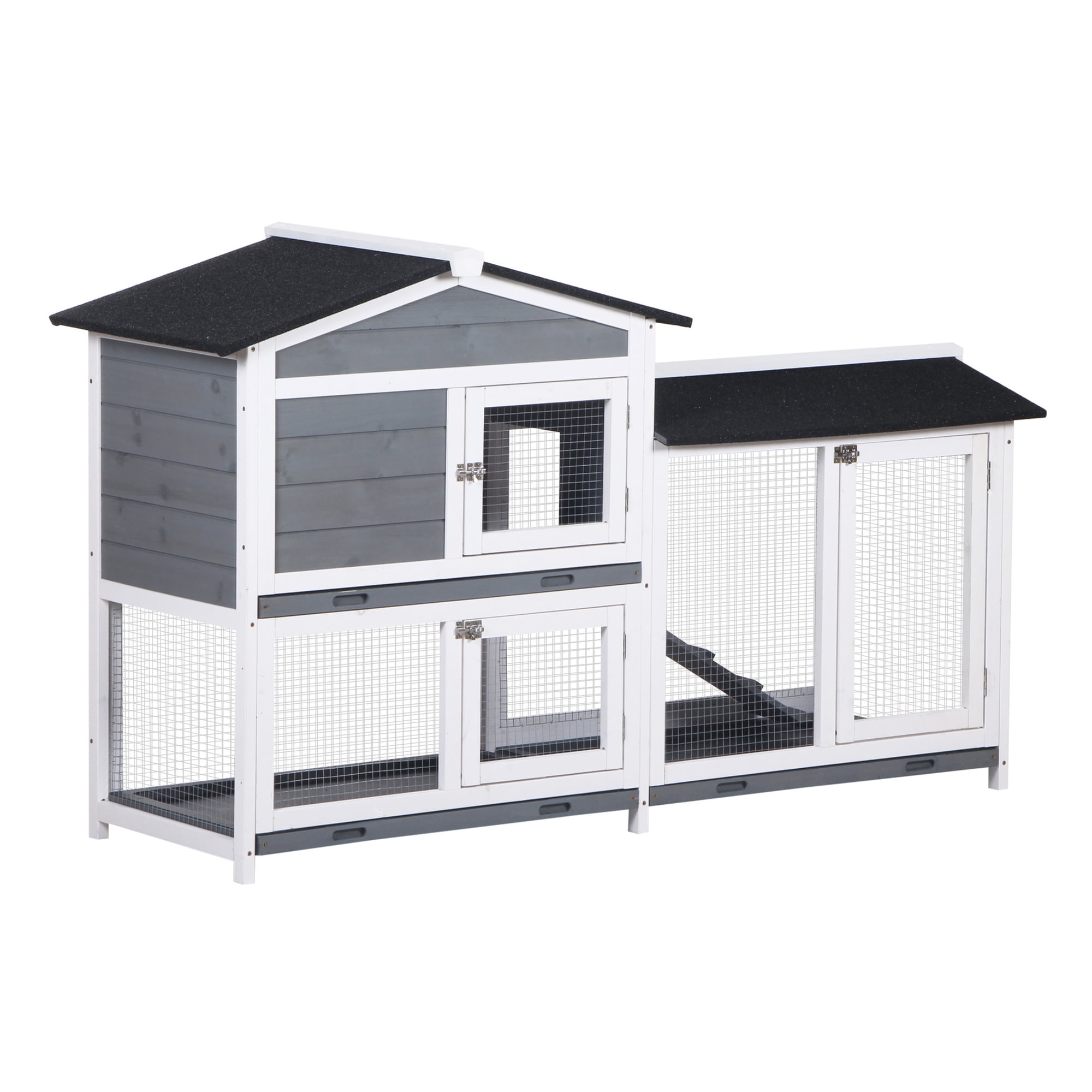 Rabbit Hutch 2-Tier Indoor Outdoor, Wood Bunny Cage Enclosure Run Backyard Small Animal House w/Ramp - Grey