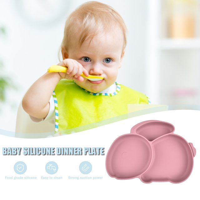 Plato De Alimentación De Bebé De Silicona Plato de cena para niños, platos de alimentación para bebés de grado alimenticio, cubiertos para bebés (rojo frijol)