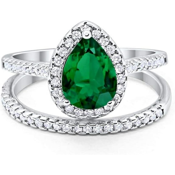 Divine Creation 2.00 Ct Pear Cut Green Emerald Wedding Engagement Bridal Ring Set 14K White Gold Plated 925 Sterling Silver For Women's -4