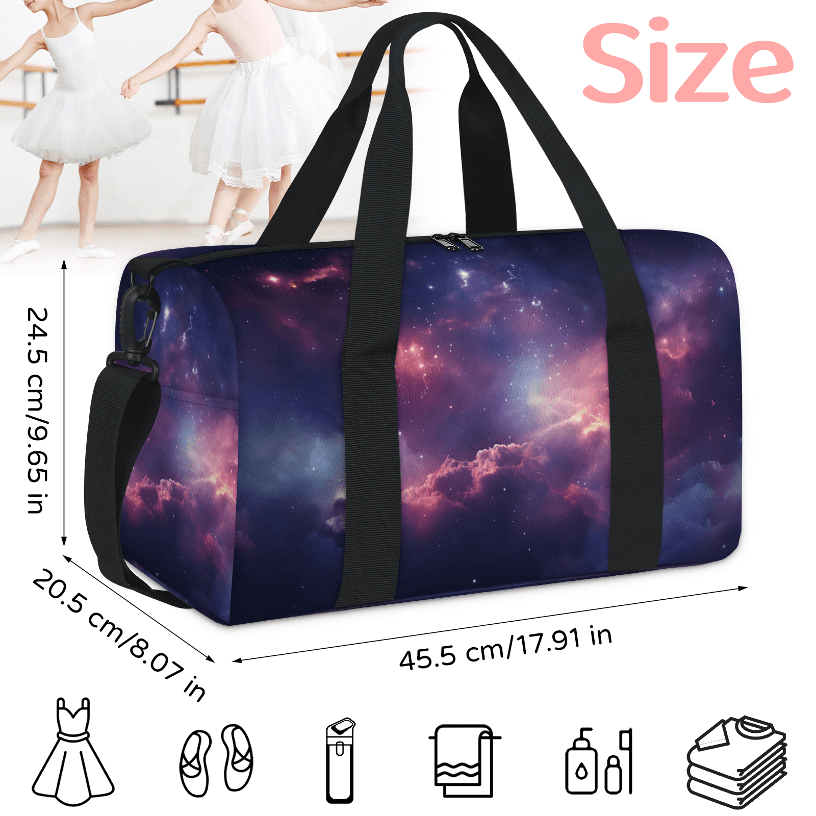 Herdesigns Galaxy Nebula Gym Bag for Women, Duffle Bag for Travel Sport, Starry Sky Space Universe Lightweight Waterproof Carry on Weekender Dance Yoga Workout Bags