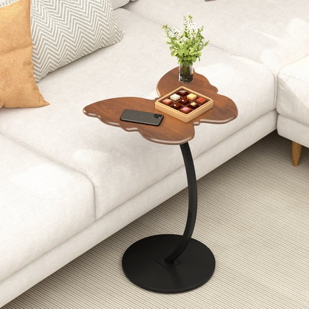 C Shaped End Table - Butterfly Side Table for Couch Modern Accent Nightstand with Metal Frame Slide Under Sofa and Bed Drink Table TV Tray Stand for Small Spaces Living Room Bedroom (Walnut)