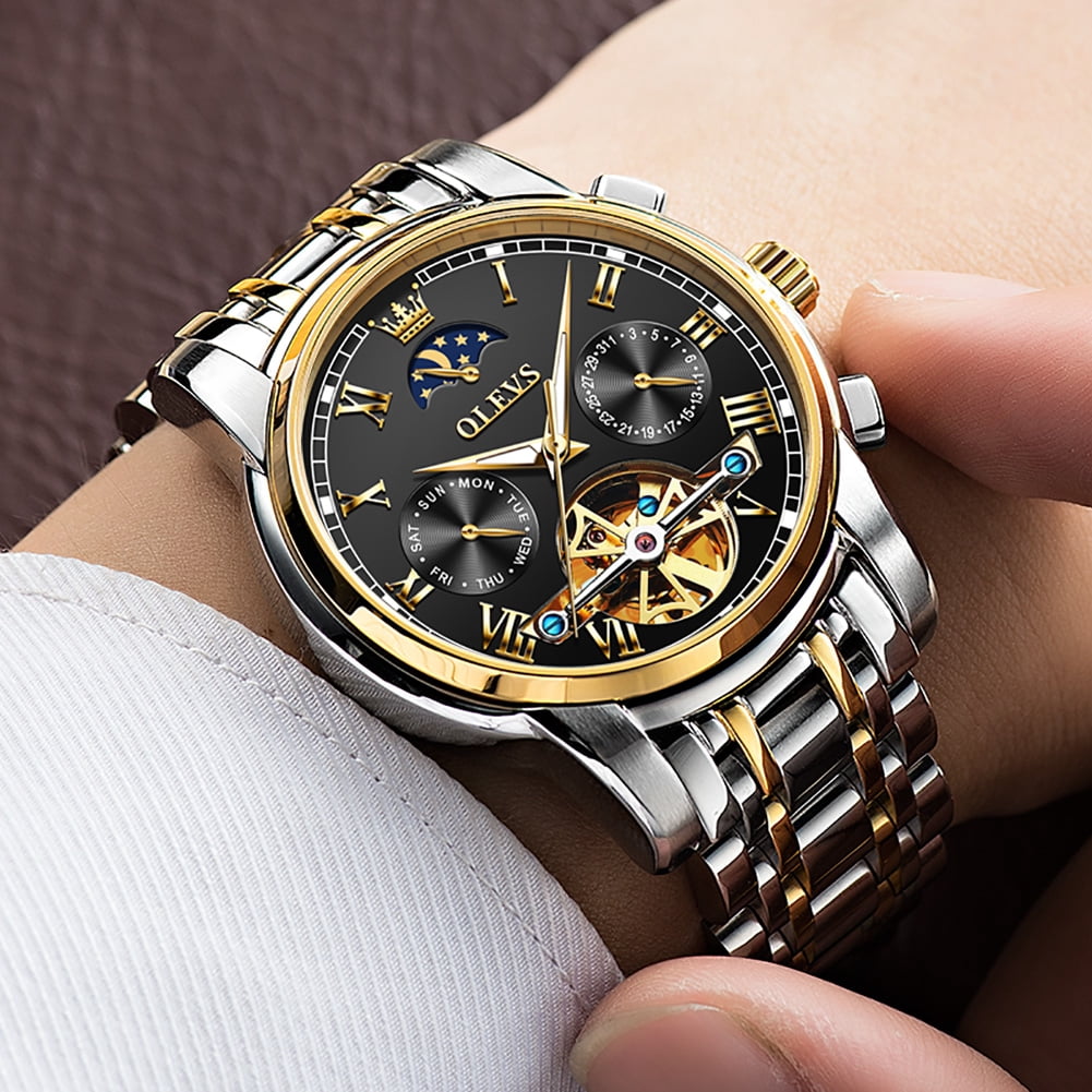 OLEVS Automatic Watches for Mens Skeleton Mechanical Self Winding Chronograph Calendar Classic Dress Moon Phase Multifunction Mens Wrist Watches Luminous Waterproof Stainless Steel Reloj Para Hombre