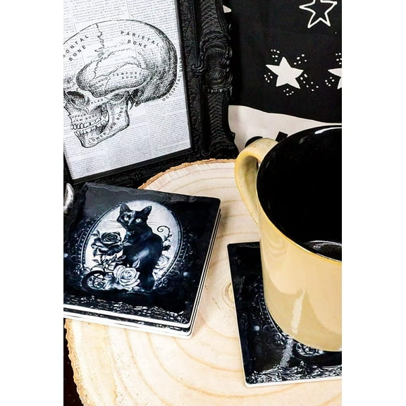 Ebros Witching Hour Feline Black Cat Roses Cork Backed Ceramic Coasters Set of 4