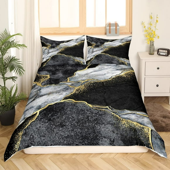 Marble Duvet Cover Set,Gold Giltter Bedding Set,Grey Stone Marble Comforter