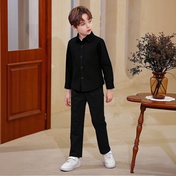 Kids Shirt and Pants Set, Boys Solid Color Formal 2 Piece Outfit, Simple Style Long Sleeve Shirt and Dress Pants for Children, Age 2-15 Years Black 100