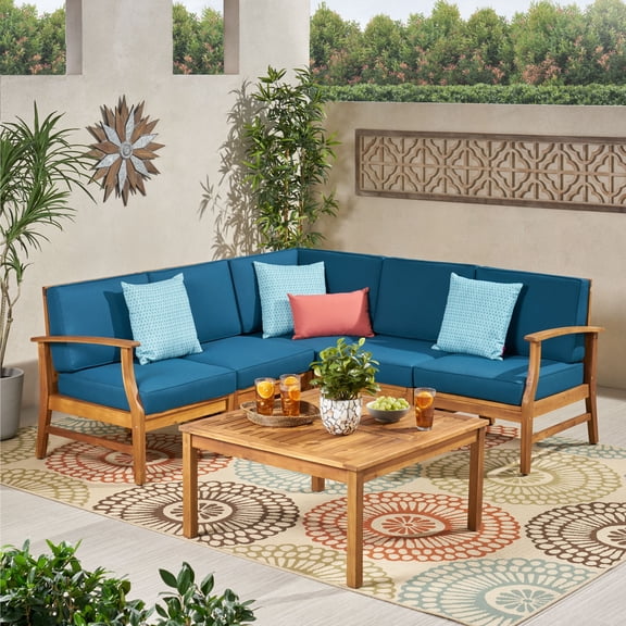Noble House Hermosa Outdoor Acacia Wood Chat with Cushions, Teak Finish, Blue (  Set of 6)