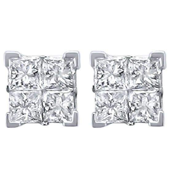 AFFY Princess Cut White Natural Diamond Stud Earrings in 14K White Gold (1 Cttw)