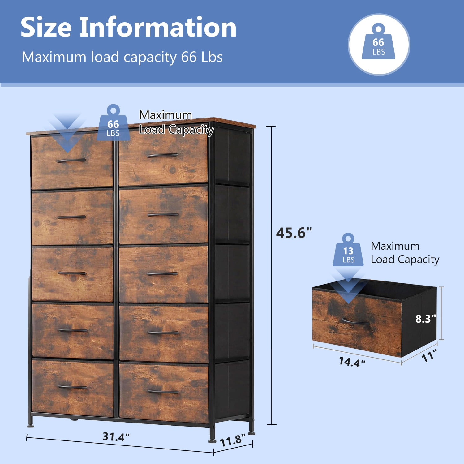 Simenmax 10 Drawer Dresser Organizer Storage Drawers, Chest of Drawers with Fabric Bin for Bedroom, Closet, Entryway,Black