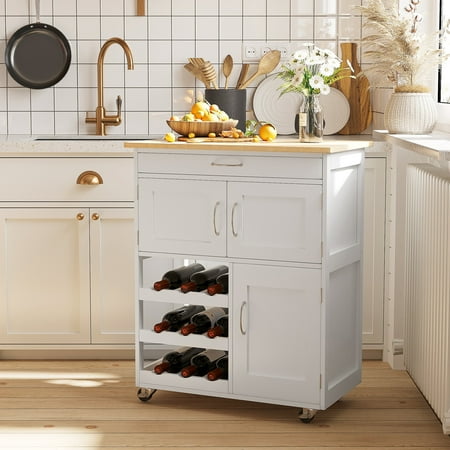 Knubmt Kitchen Island with Open Shelf and Drawer and Cabinet Wood Top Kitchen Cart with Wheels and Wine Rack