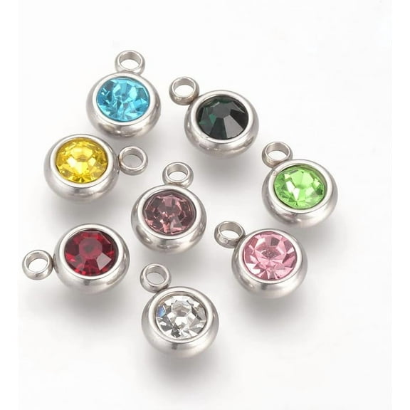 20 Pc Birthstone Pendant Charms 201 Stainless Steel Rhinestone Charms Birthstone Charms Flat Round Rhinestone Charms for Women DIY Necklace Bracelet Earring Jewelry Craft Making