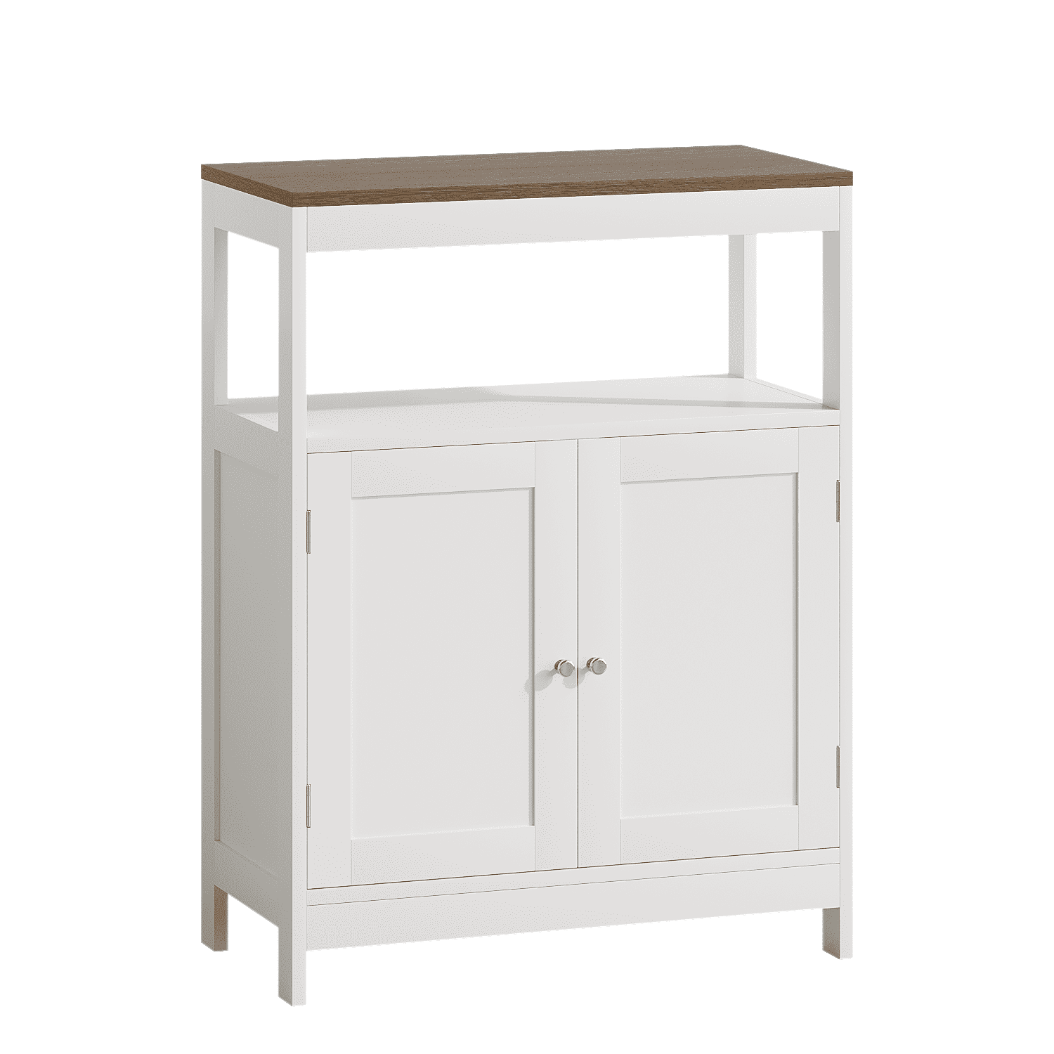 Modern Storage Cabinet with Double Doors, Free-Standing Bathroom Cabinet with Adjustable Shelf and Natural Wood Top, Multi-Purpose Organizer for Kitchen, Living Room, Bathroom or Entryway – White