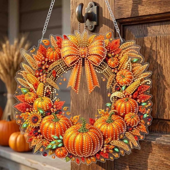 Fall Pumpkin Wreath DIY Crystal Rhinestone Art for Thanksgiving - Sturdy Acrylic Door Hanger with Complete Metal Hanging Chain for Festive Indoor and Outdoor Decor - Perfect Gift for Friends