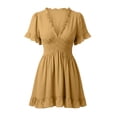 thumbnail image 5 of Women's Cotton Boho Mini Dress Bohemian V Neck Short Sleeve Ruffle Hem A-Line Casual Vacation Dress Yellow XL(XL), 5 of 5
