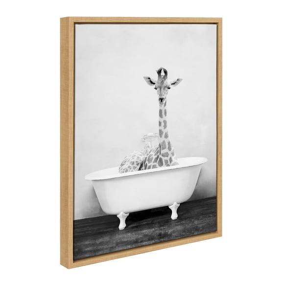 Kate and Laurel Sylvie Giraffe 2 in the Tub Framed Canvas Wall Art by Amy Peterson Art Studio, 18x24 Natural, Modern Fun Decorative Bathtub Wall Art for Home Décor