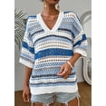 thumbnail image 3 of Women’s Crochet Sweater Top V Neck Cap Short Sleeve Spring Summer Knit Shirt Loose Hollow Out Striped Pullover Beach Vacation Cruise Casual Fashion Clothes, 3 of 7