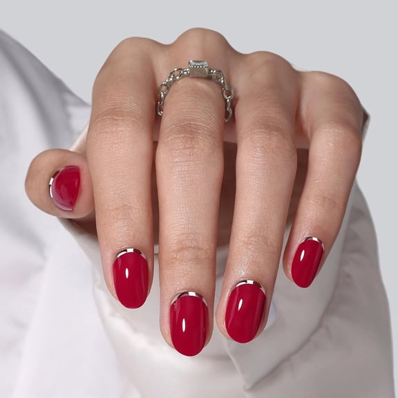 SHANGMENG Red Press on Nails,3D Silver Foil Short Oval,Salon Quality, 32PCS Reusable Fake Nails Kit with Glue,Crimson Curve