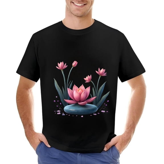 Men's Cotton Short Sleeve T-Shirt with Serene Flower and Blue Stone Design Nature-Inspired Graphic Tee Perfect for Casual Wear
