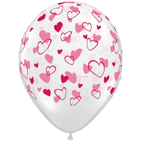 Valentines Day Modern Hearts Printed 11" Latex Balloons, Clear Pink Red, 50 CT