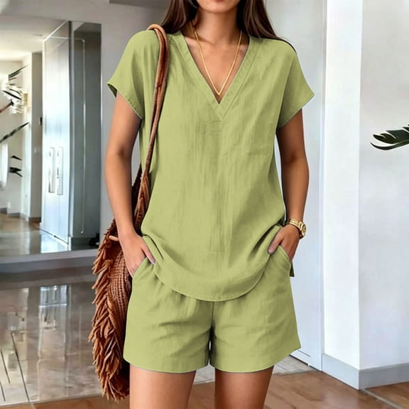 Pounoo Sets for Women 2 Piece V Neck Short Sleeve Top Elastic Waist Shorts Casual Summer Beach Vacation Matching Outfits
