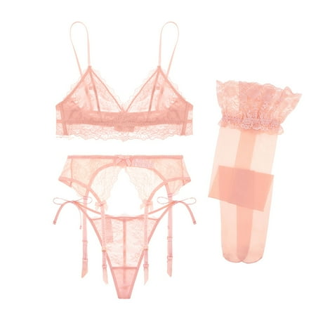 

Varsbaby Women s Wireless Bra Cute Lace Lingerie Set Side Tie G-string Set 4 pcs