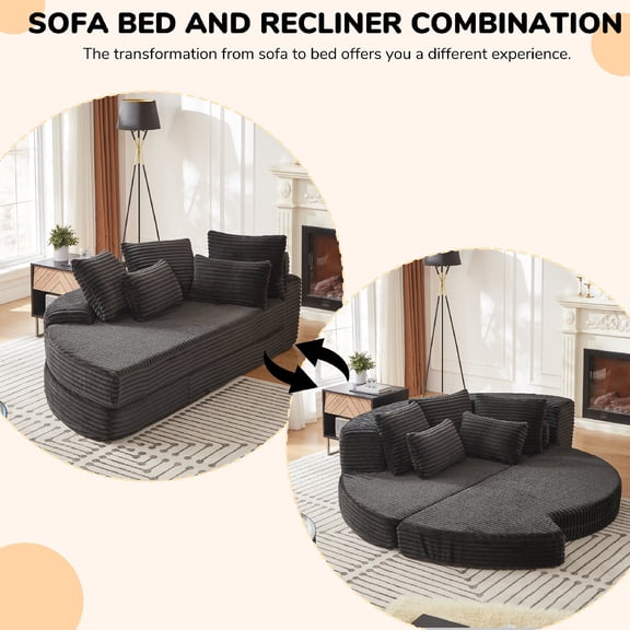 78.5" Corduroy Boneless Round Oversized Sofa Couch Converts into 2 Recliners, 2-in-1 Sofa Bed, Convertible Lounge Chair Neck Pillow Design with 5 Throw Pillows for Bedroom, Apartment, Black