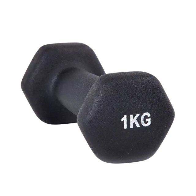pesa mancuerna 1kg bodyfit neopreno bf-neo01k-neg mancuerna hexagonal negra de 1 kg con alma metálica y recubrimiento de neopreno; vista 3/4 frontal que muestra el marcador '1KG', mango recto y textura mate, ideal para ejercicios de fuerza en casa o en el gym y a menudo usada para rutinas de rehabilitación ligera o tonificación.