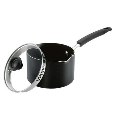 Farberware Easy Clean 3 Quart Nonstick Straining Sauce Pan with Pouring Spout and Lid, Dishwasher Safe, Black