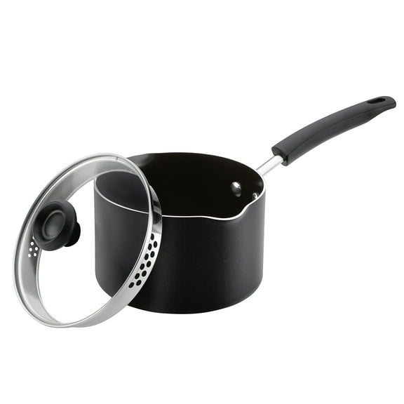 Farberware Easy Clean 3 Quart Nonstick Straining Sauce Pan with Pouring Spout and Lid, Dishwasher Safe, Black