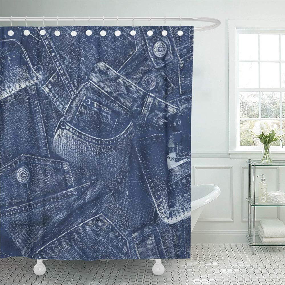 Pknmt Blue Jeans Denim Material Watercolor Button Draw Drawing Freehand Graphic Pants Waterproof Bathroom Shower Curtains Set 66x72 Inch Walmart Com