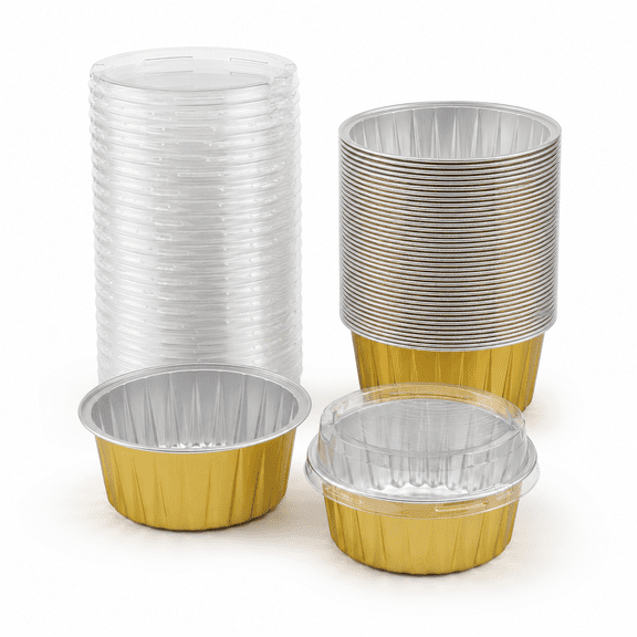 Disposable Aluminum Foil Baking Cups with Lids Cupcake Liners Desert Cheesecake Pans Flan Molds Tin Cups Containers for Party Favor Birthday Foil Ramekins 5oz 50-Pack Gold